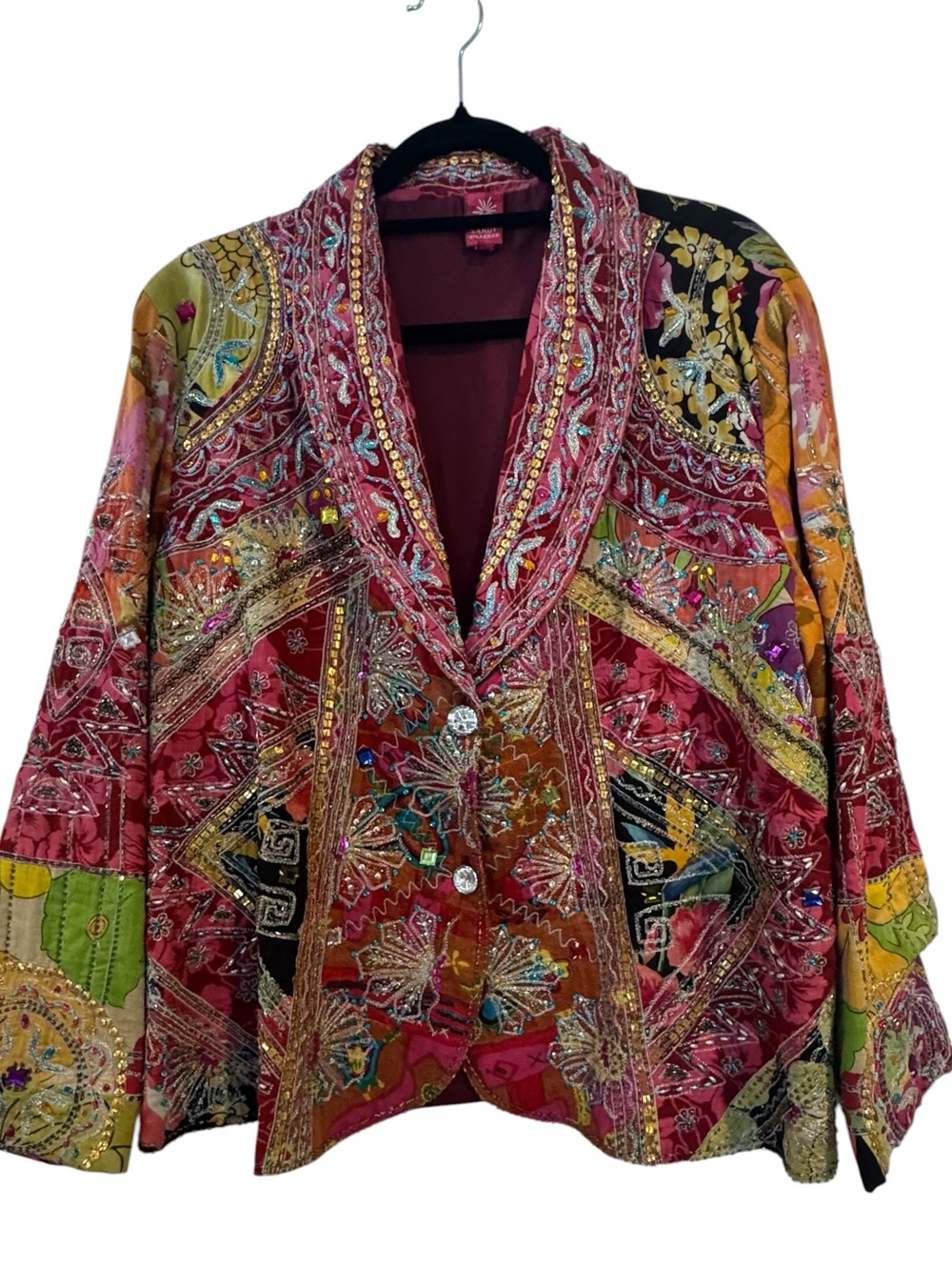 Sandy Starkman Beaded Pink Orange Multicolor Boho Embellished Jacket Blazer 1X